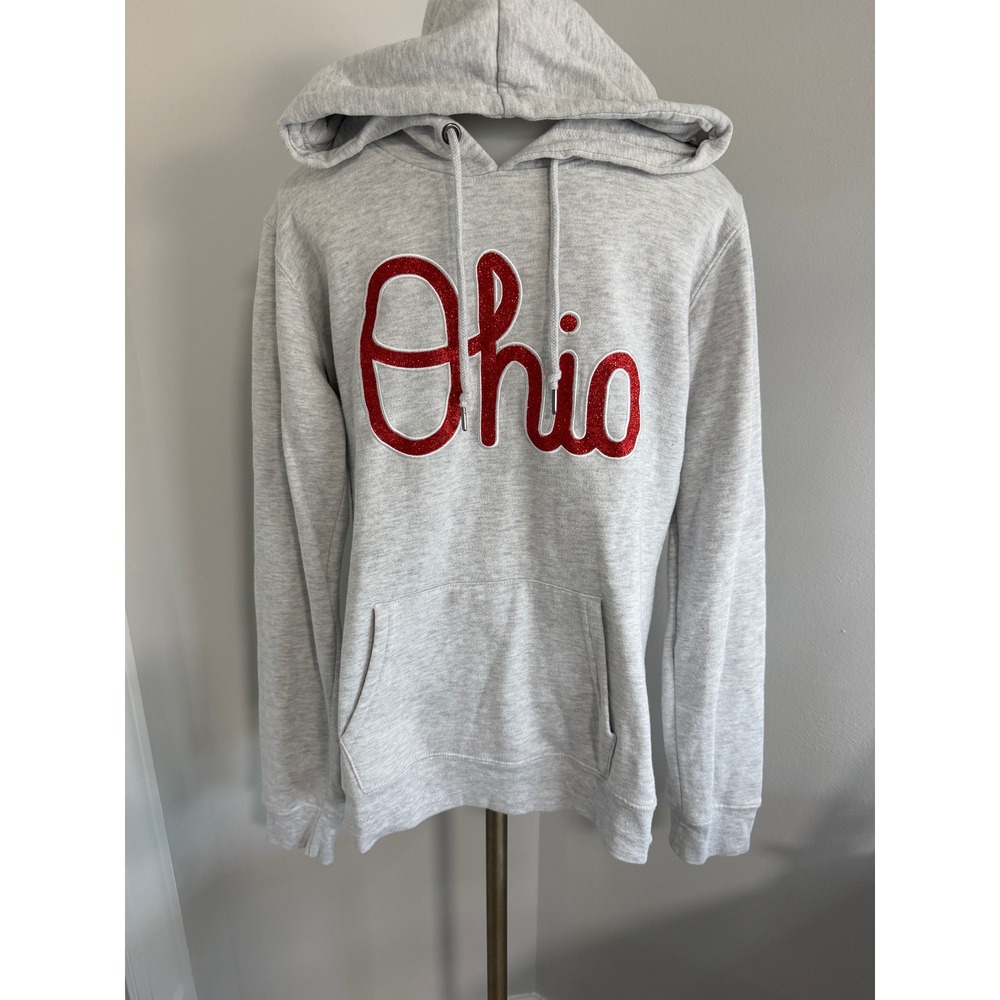 Ohio Glitter Script Pullover Hoodie Grey Heather Red Sparkle Sweatshirt Womens